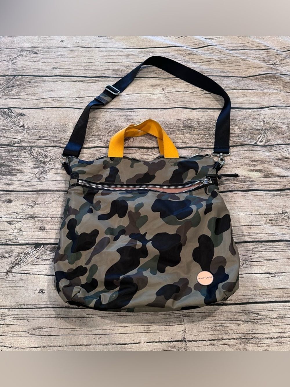 Shortylove Wonder Crossbody Bag in Camo Nylon Tote with Yellow Handles ~15”x14”